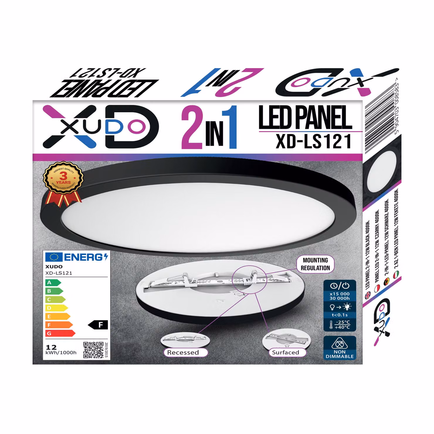 XUDO Pannello LED 2-in-1 12W, rotondo Ø17 cm, 1350 lm, 4000K, da incasso e superficie, nero, IP20