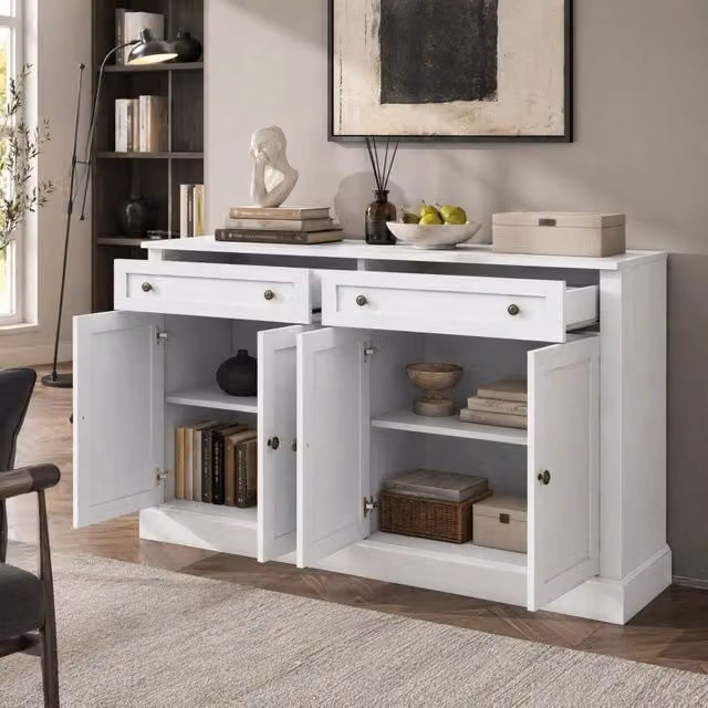 Madia con 4 ante; 2 cassetti e 2 ripiani regolabili; 150 × 40 × 86 cm; MDF e pannello truciolare; bianco antico