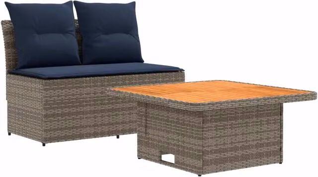 Set da giardino composto da divano a 2 posti e tavolino con struttura in acciaio verniciato a polvere e cuscini in poliestere resistente ai raggi UV, colori grigio e blu – 1