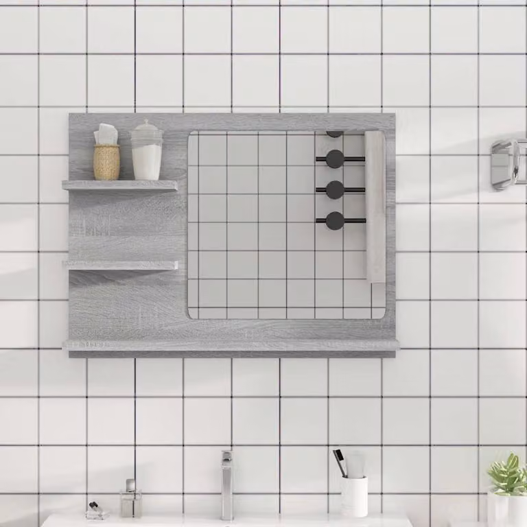 Specchio da bagno rettangolare vidaXL in legno multistrato grigio Sonoma, L: 60 cm, P: 10,5 cm, H: 45 cm