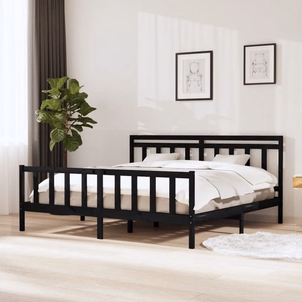 The Living Store Letto in legno massiccio nero 200x200 cm
