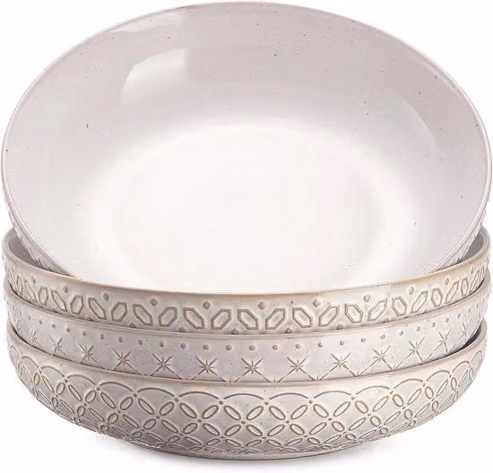 Set di piatti a fondo fondo da 4 - 1020 ml, Piatti profondi - 215 cm di diametro e piatti senza fondo - Piatti in ceramica con decorazione - Piatti per servire frutta, noodle, cena - Resistente al microonde - Bianco vintage