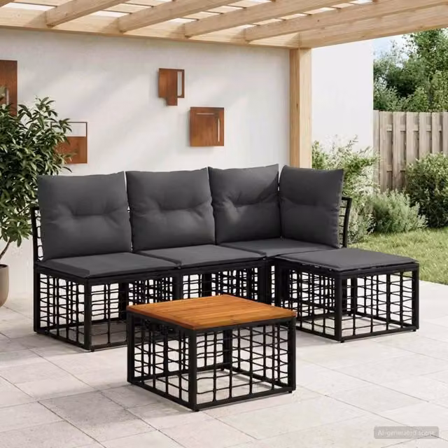 Set di divani da esterno 5 pz Nero e Grigio scuro Poliestere 3437449