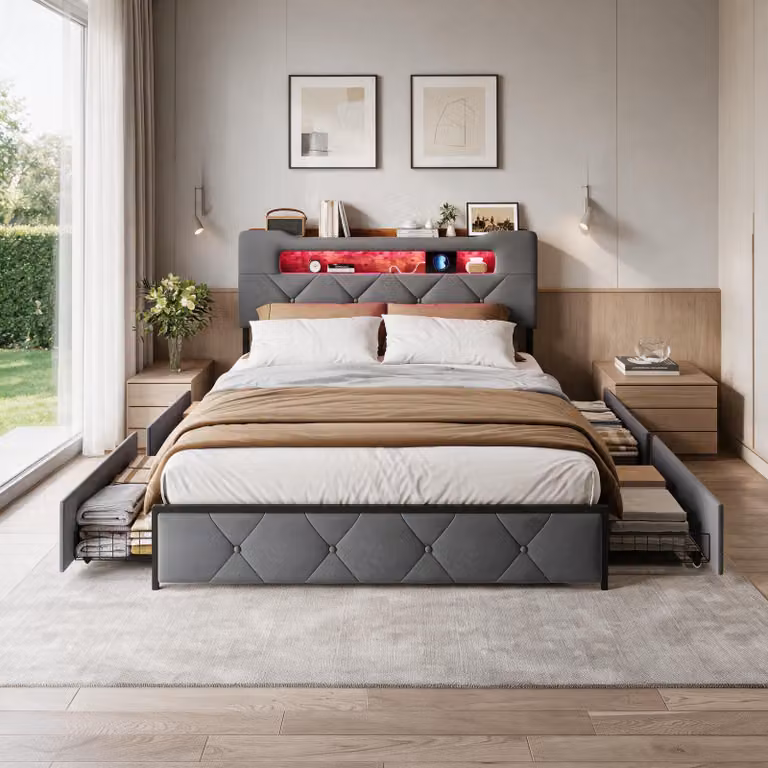 Letto imbottito INONEFT, 140x200 cm, con illuminazione LED e prese USB, 4 cassetti, letto singolo per ragazzi con spazio contenitivo, testiera imbottita, tessuto in flanella, colore grigio