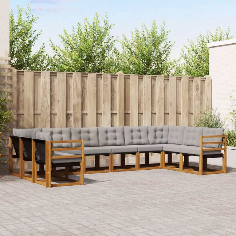 Set di divani da esterno vidaXL 10 pezzi in legno di acacia e textilene, colore beige e grigio, con cuscini inclusi, design moderno a forma di L per giardino e terrazza