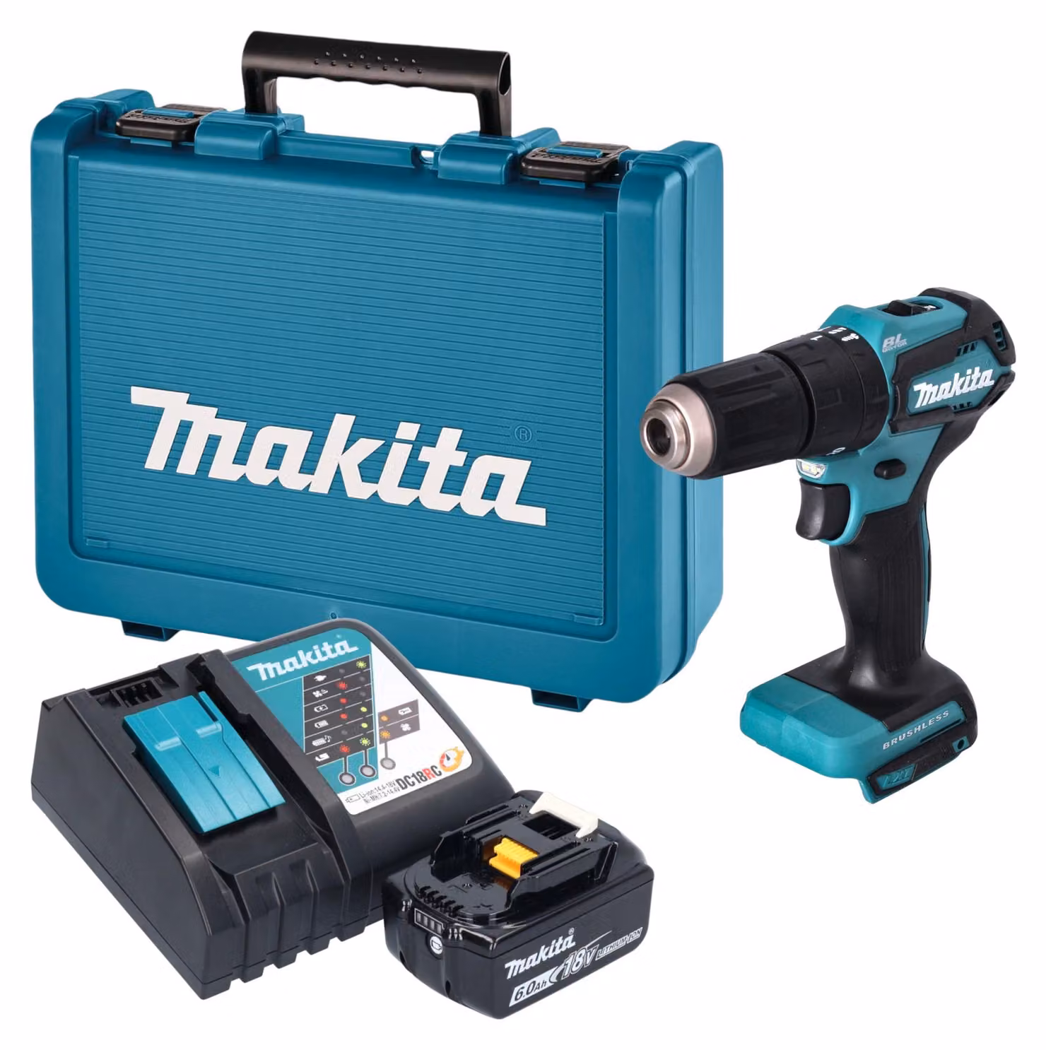 Trapano avvitatore a percussione a batteria Makita DHP 483 RG1E 18 V 40 Nm brushless + 1 batteria da 6,0 Ah + caricabatterie + valigetta
