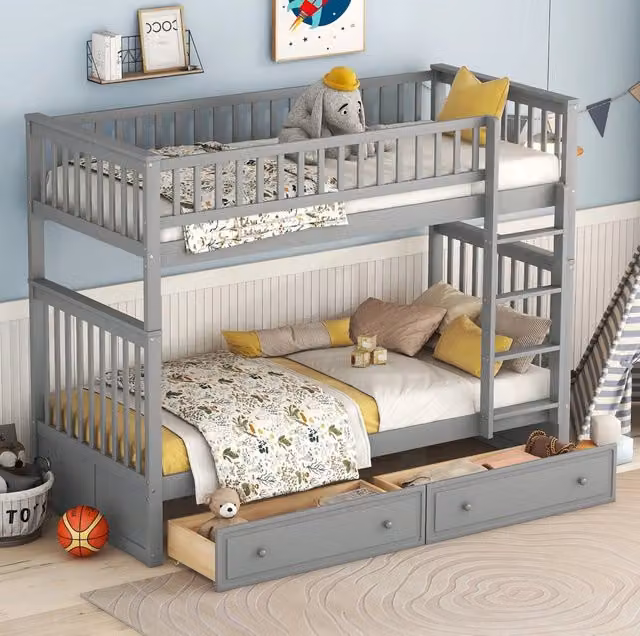 Letto a castello 90x200 cm con 2 cassetti; convertibile in due letti; grigio