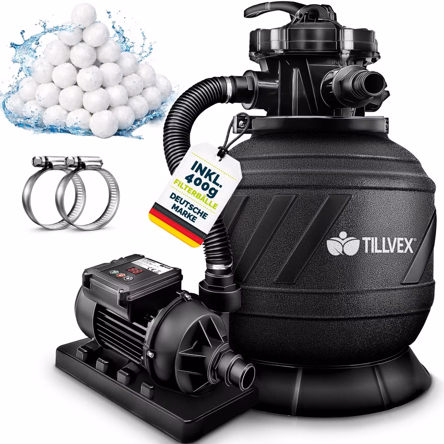 Impianto di filtrazione a sabbia tillvex® per piscina con timer 7.900 l/h, incl. 400 g di sfere filtranti | Impianto di filtrazione con valvola a 7 vie e adattatore 2 in 1 Ø 32 mm - 38 mm | Filtro per piscina con manometro | Filtro a sabbia per piscine Aq