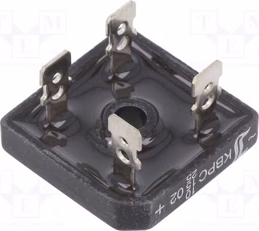 1x Raddrizzatore a ponte monofase: Corrente nominale: 10/15/25A; Tensione massima: 200V; Montaggio su circuito stampato (THT); Modello: KBPC10/15/2502FP