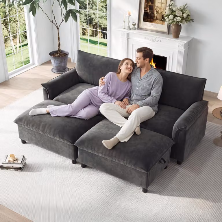 Divano modulare Merax Cloud, 4 posti, con funzione letto, angolo, dotato di 2 poggiapiedi contenitori, tessuto in chenille, divano grande per soggiorno con seduta profonda, grigio