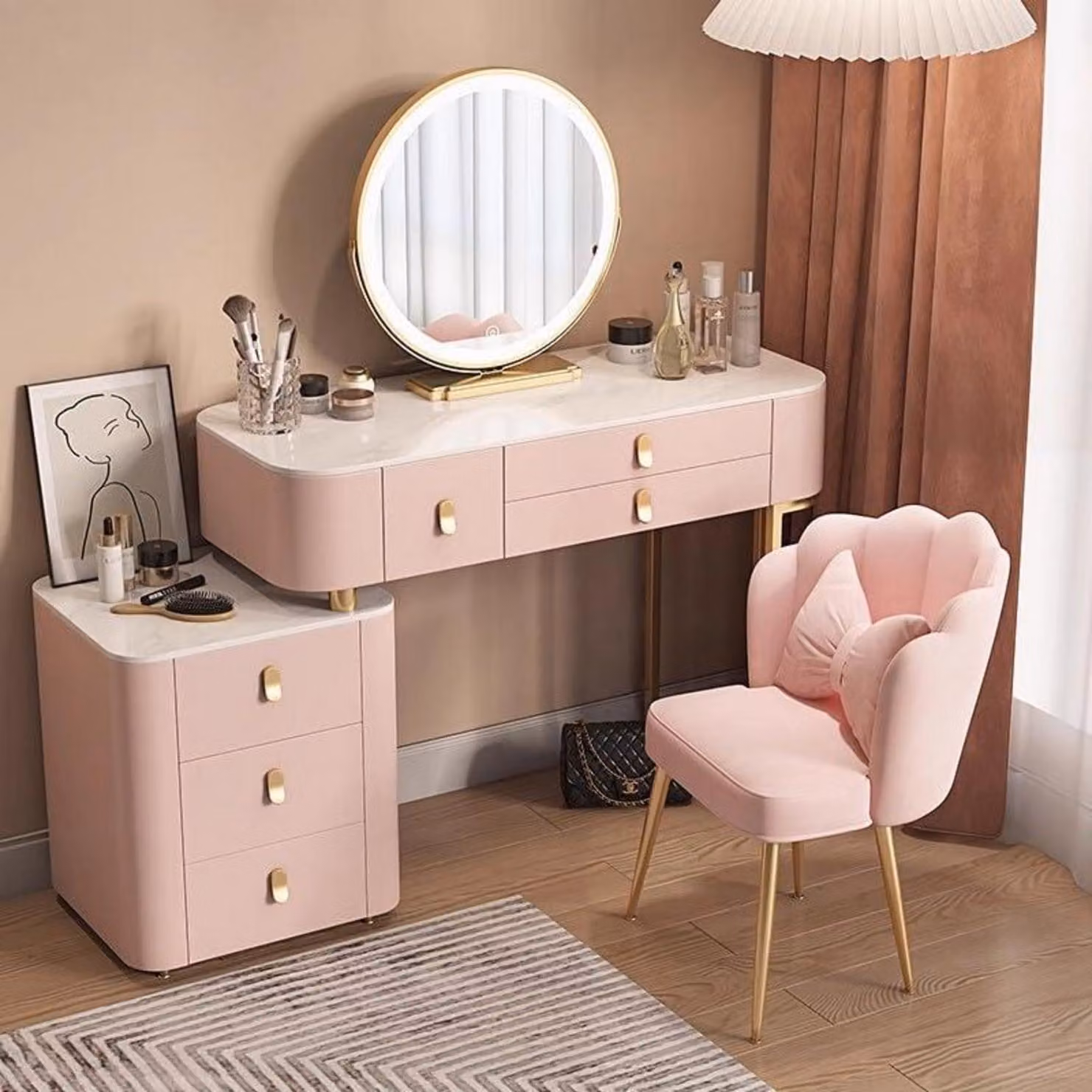 Set da trucco con specchio e sgabello, colore rosa, 100 cm