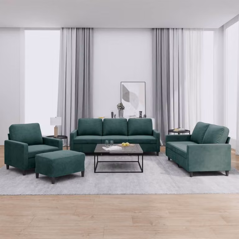 Set di divani vidaXL da 4 pezzi in velluto verde con cuscini e pouf per soggiorno
