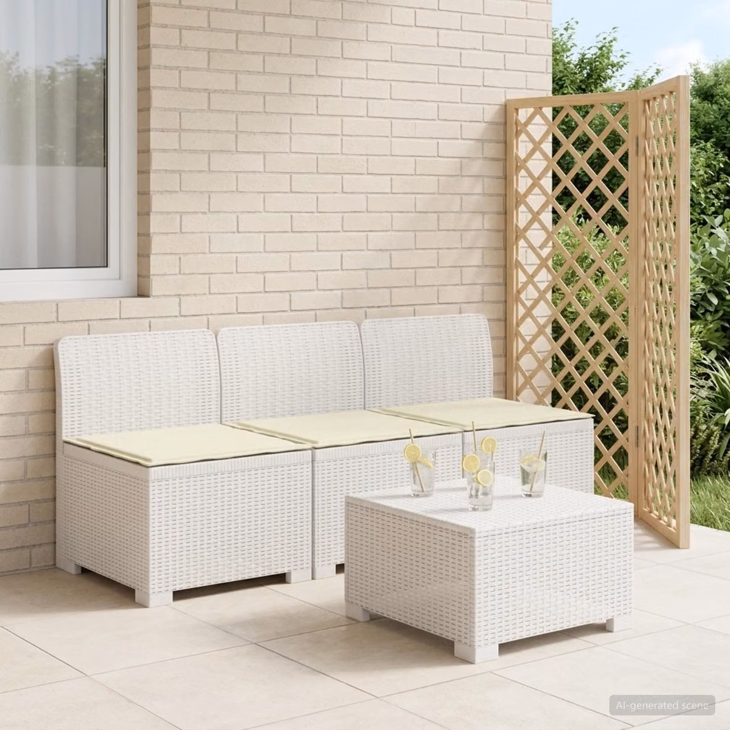 Divano da giardino a 3 posti vidaXL con cuscini bianchi in look rattan e tessuto resistente ai raggi UV