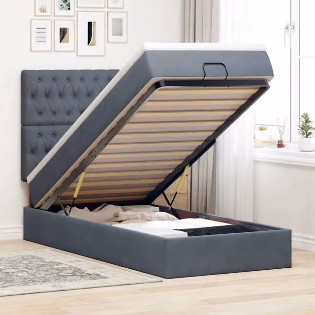 Letto con contenitore a sollevamento vidaXL in velluto con porta USB e illuminazione sottostante L/P/H: 193 x 90 x 140 cm, Grigio e Bianco