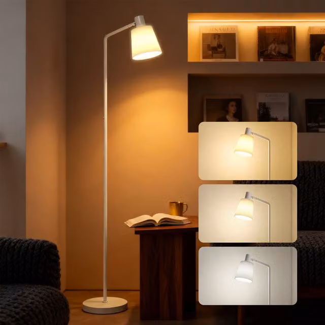 Lampada da terra LED HOMCOM bianca con paralume girevole a cono, dimmerabile e con 3 temperature di colore, attacco E27