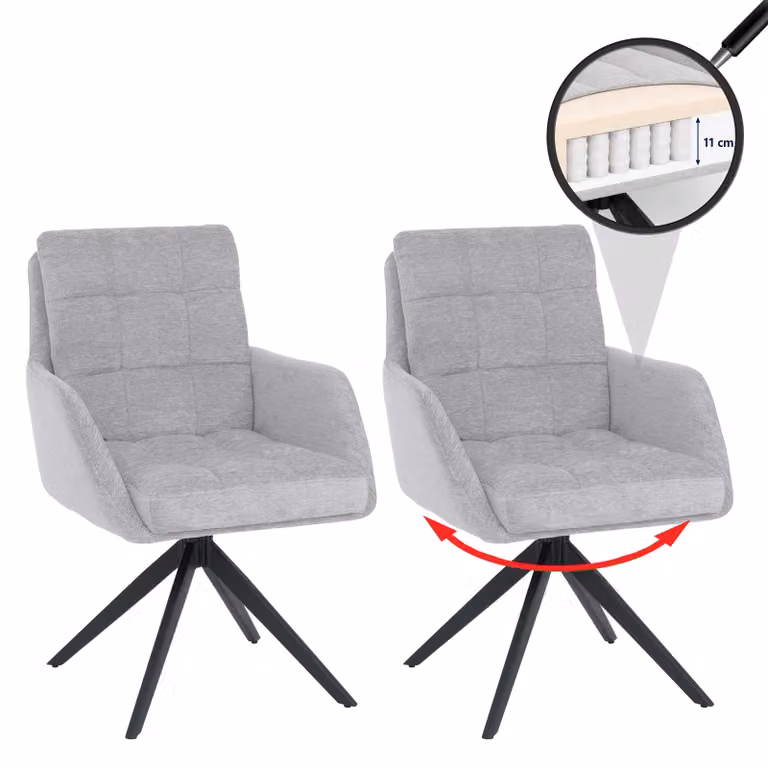Set di 2 sedie da pranzo modello HWC-Q36, sedia girevole per cucina con sistema di ritorno automatico, rivestita in tessuto chenille (680g/m²), struttura in metallo, colore grigio chiaro