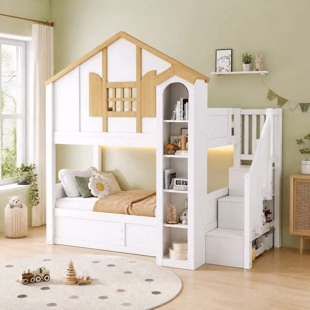 Letto a castello OKWISH per bambini in legno e MDF bianco con letto inferiore contenitore idraulico e scale contenitore L/P/H: 200 x 90 cm