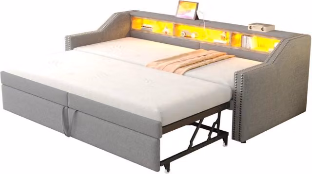 Divano letto estraibile 90/180x200 cm con LED; USB e vani laterali in lino grigio chiaro