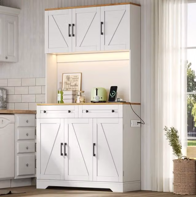 Armadio da cucina con LED RGB; 2 cassetti e prese integrate; 100 x 40 x 180 cm; MDF naturale e bianco