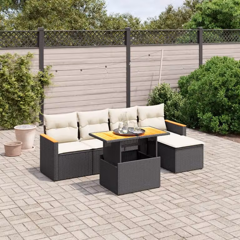 Set Divano da Giardino a L vidaXL 6 pz in Polyrattan con Cuscini Nero e Bianco