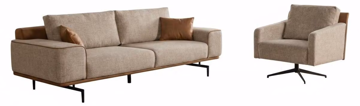 Beiges Polster Set Designer Textil 3-Sitzer Stoffsessel Couchgarnitur