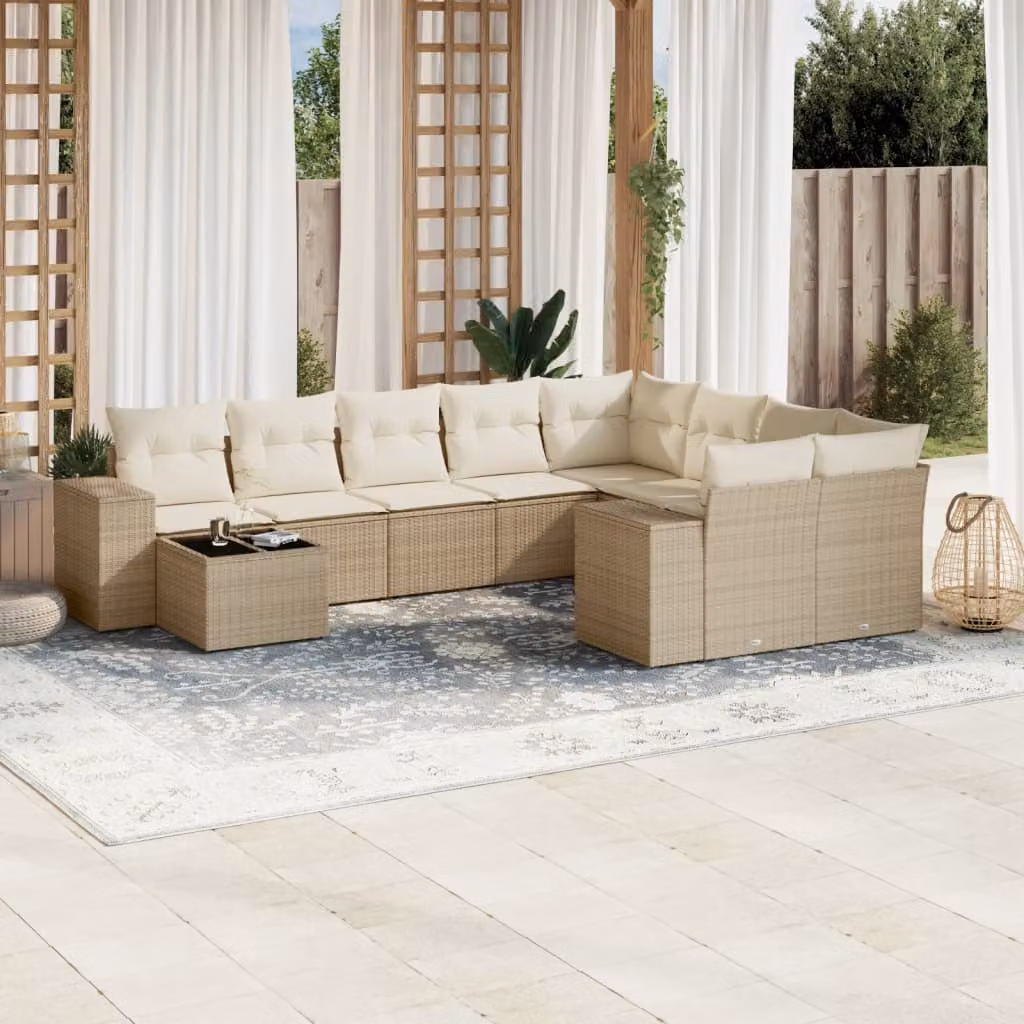 vidaXL Set Divano da Giardino 10 pz a Forma a L con Cuscini Beige e Tavolino da Esterno in Polyrattan e Acciaio – 1