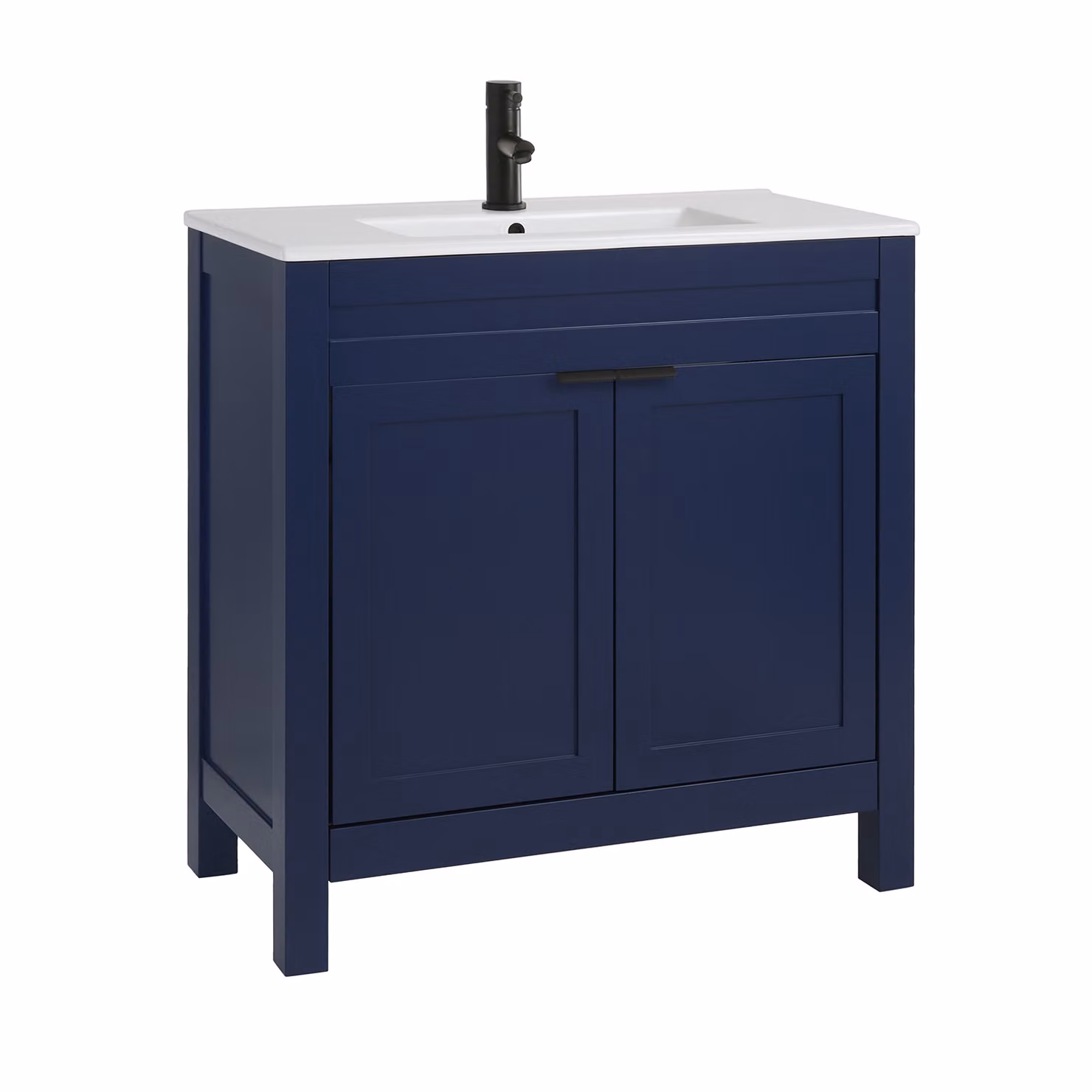 Mobile Bagno Blu Marino da 810mm con Lavabo e Maniglie Moderne Nere con Impugnatura a Dito - Warwick