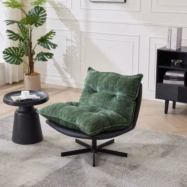 Poltrona relax girevole con schienale regolabile a 3 stadi, struttura in metallo nero, rivestimento in ciniglia verde e imbottitura in memory foam