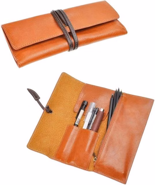 Etui slim in pelle artigianale con patta, stile vintage, marrone