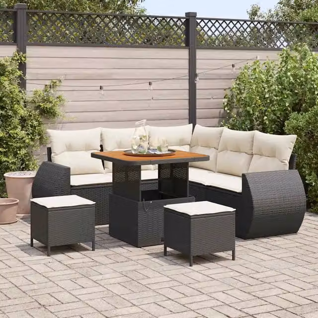 Set Divano da Giardino 8 pz 7-Numero di posti Nero e Crema 3363820