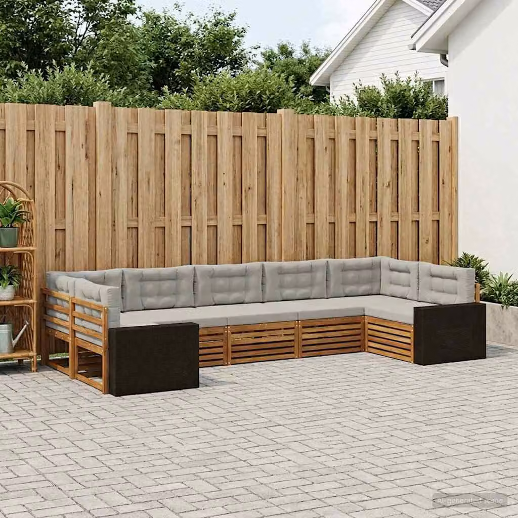 Set di divani da esterno vidaXL a forma di U composto da 7 pezzi in legno di acacia con cuscini in tessuto marrone e grigio