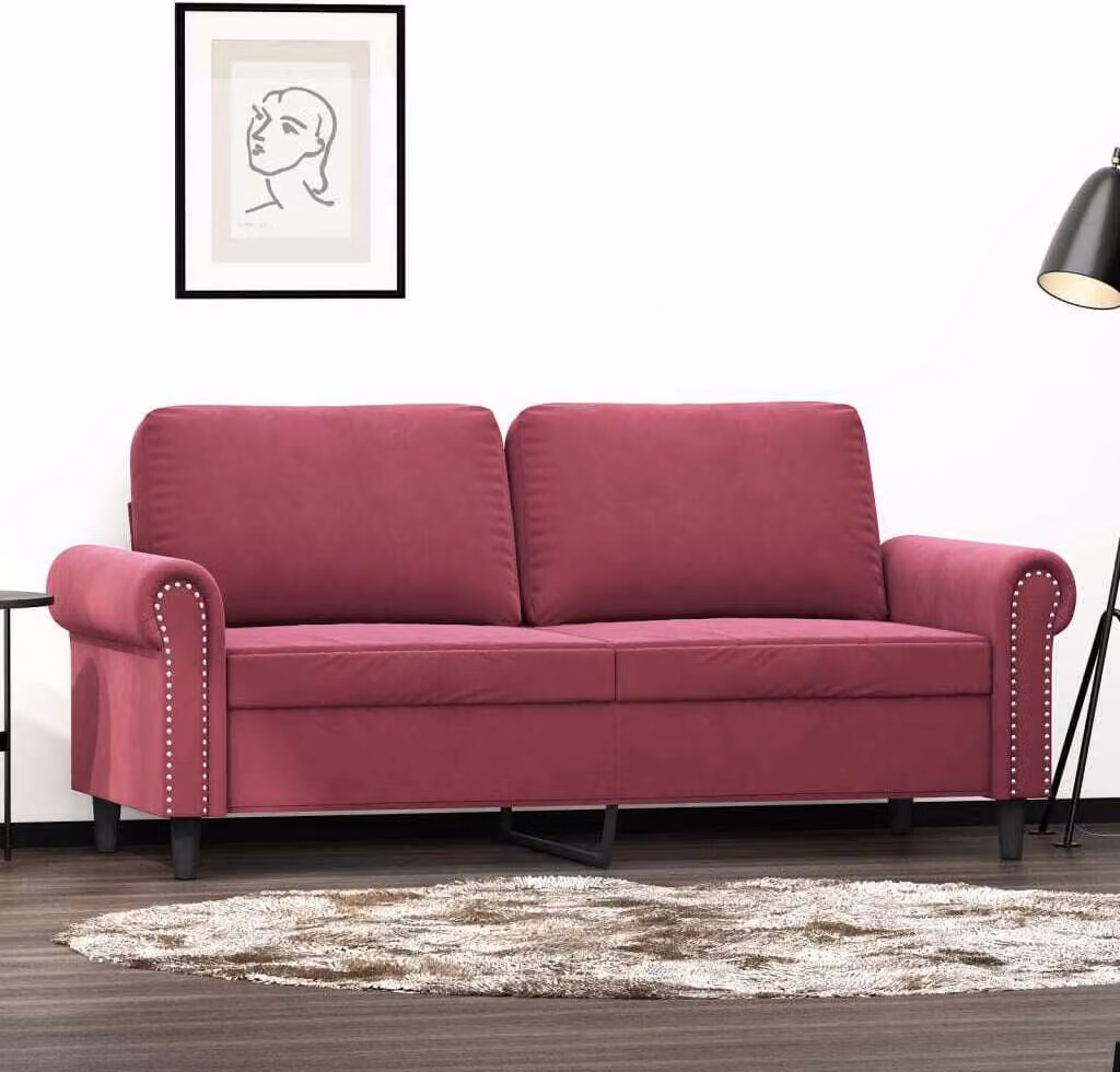 Divano a due posti, colore bordeaux, 140 cm, in velluto