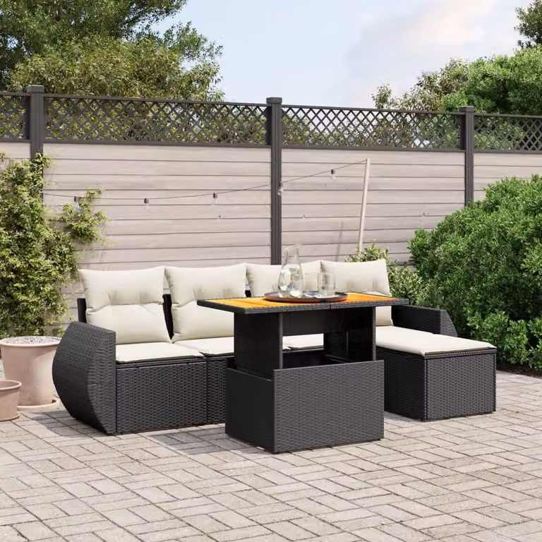 Set Divano da Giardino vidaXL 6 pz in Polyrattan Nero con Cuscini e Tavolino da Caffè
