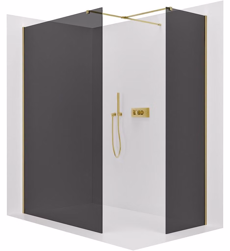 Pannello doccia angolare Walk-in Onyx T, destro/sinistro - 8 mm - profilo quadrato - dorato, vetro grigio - 100x50x200 cm