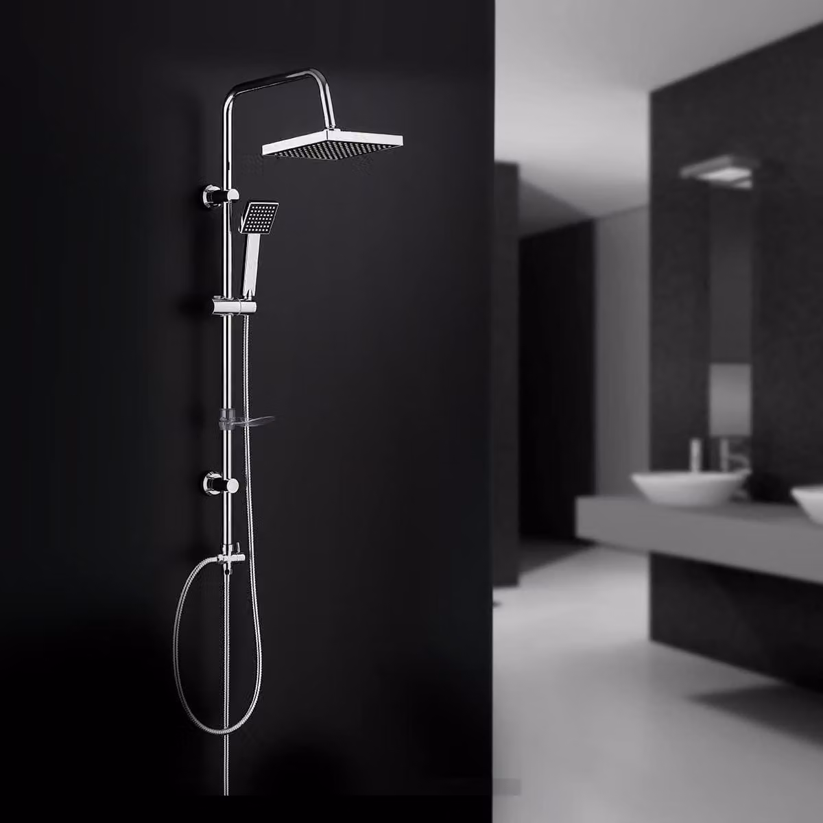Set doccia, acciaio inossidabile, soffione quadrato, colore argento, per il bagno
