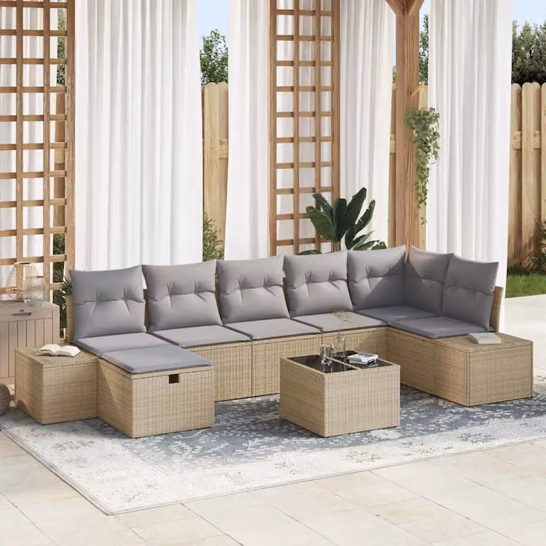 Set Divano da Giardino a L vidaXL in Polyrattan Beige con Cuscini e Tavolino da Esterno 8 Pezzi