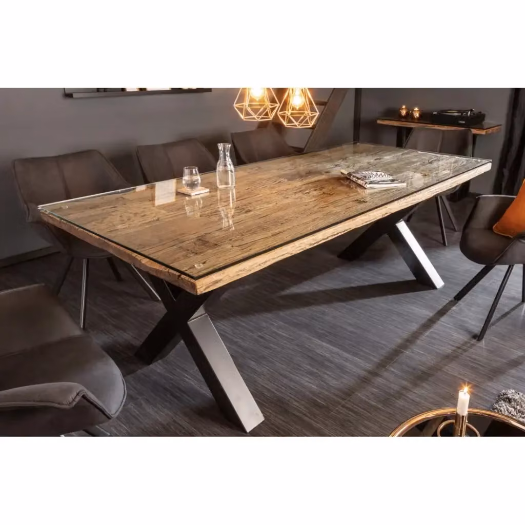 Tavolo da pranzo Meublorama RAFTA con piano in teak e vetro temperato e gambe in metallo nero a X, L: 220 cm, P: 100 cm – 2