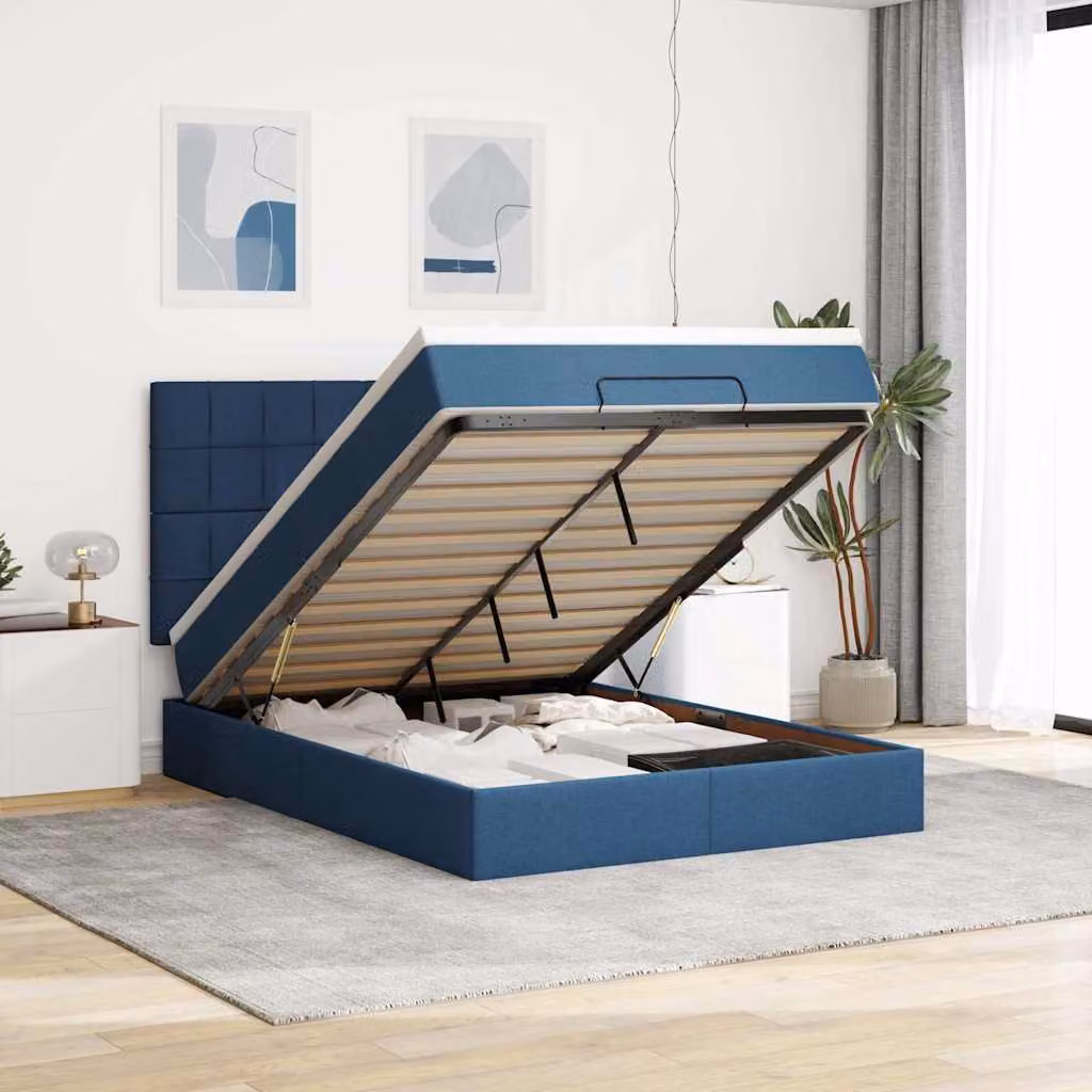 Letto con contenitore e materasso vidaXL in tessuto blu e bianco, con base a sollevamento, illuminazione sottostante e porta USB, L/P/H: 190 x 140 x 28 cm