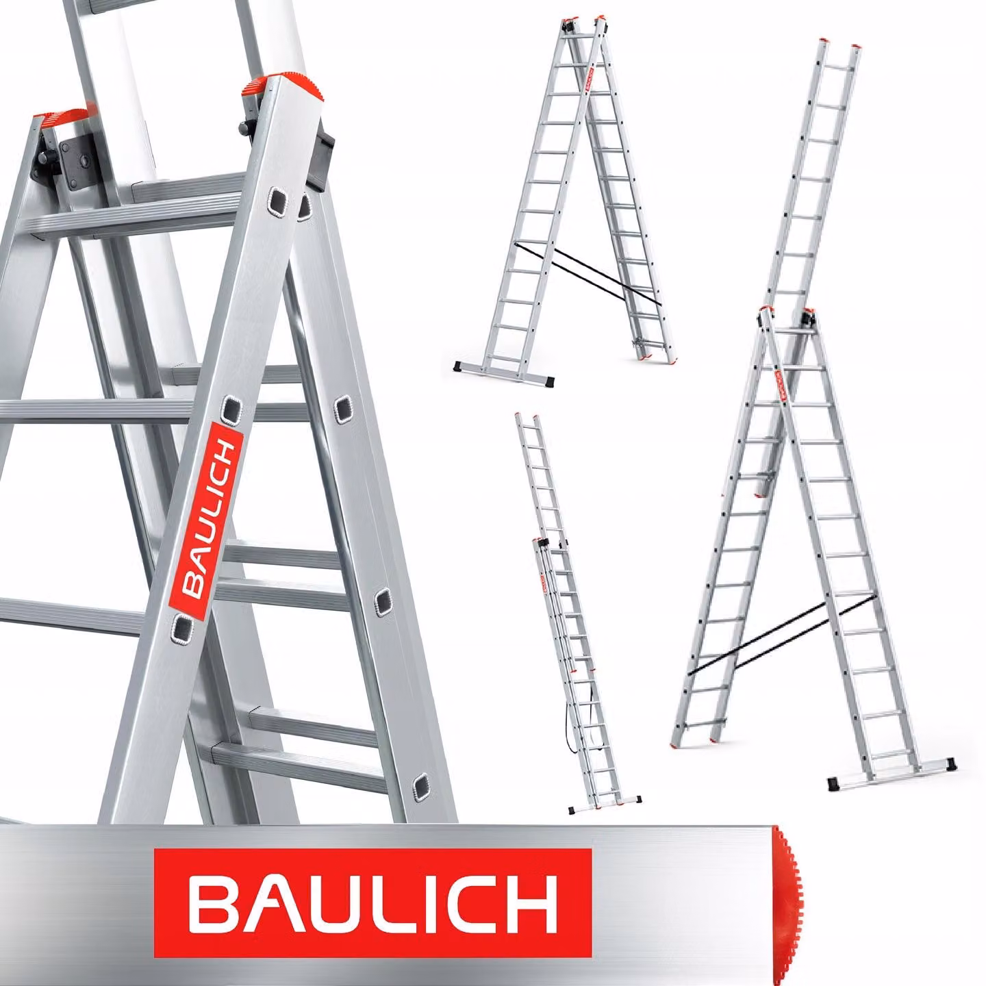 Baulich | Scala in alluminio - 3 sezioni - 3x12 gradini - Carico massimo 150 kg - Altezza massima di lavoro 8,09 m - Scala multifunzionale - Stabilizzatore incluso