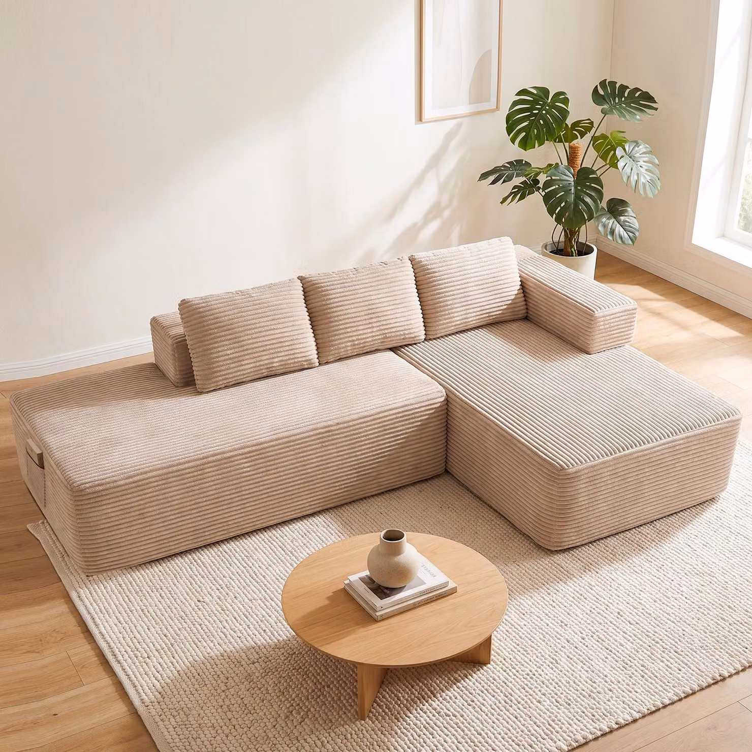 Divano componibile modello Ecksofa, con funzione letto, 255 cm, rivestito in velluto. Divano modulare "Boneless" con chaise longue e struttura in metallo per lo schienale. Divano a L con funzione letto e struttura aperta