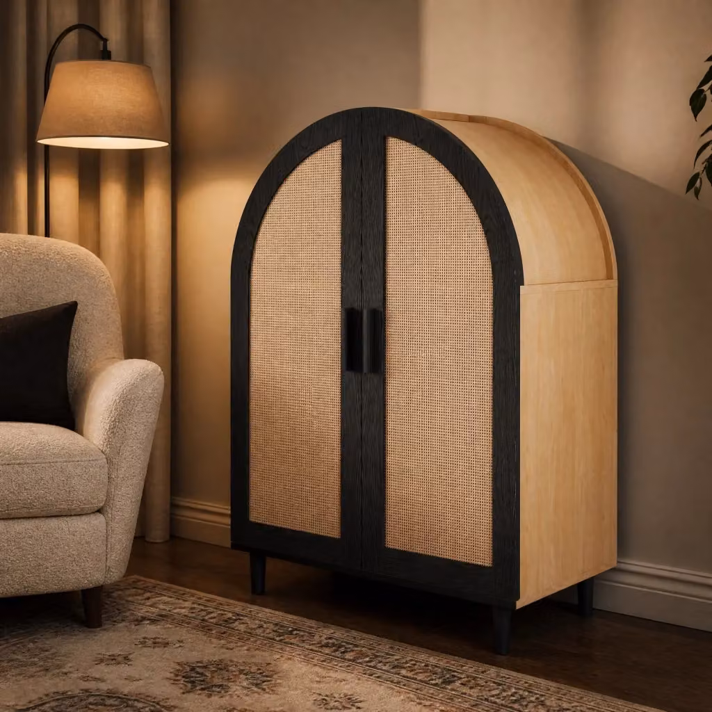 Scarpiera moderna con ante a battente in MDF e rattan, colore beige e nero, L: 100 cm, H: 70 cm, P: 40 cm – 2