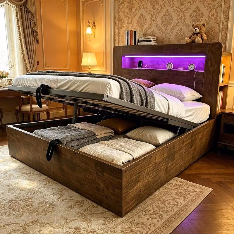 Letto contenitore 140x200 in legno con sistema di sollevamento idraulico, testiera LED con prese integrate e vani contenitori, finitura in legno effetto vintage