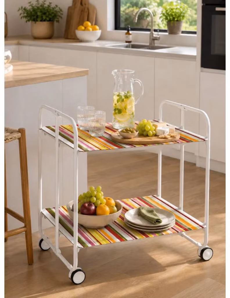 Carrello da cucina pieghevole DON HIERRO bianco con struttura in metallo e 2 ripiani, H 72 cm x L 66 cm x P 43 cm – 2