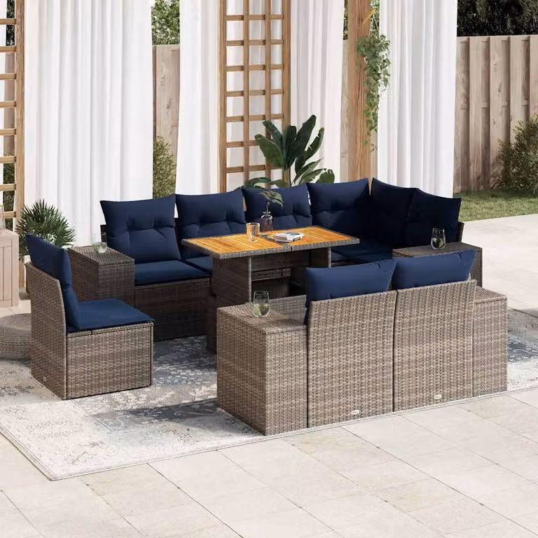 Set Divano da Giardino vidaXL 9 pz a forma a U con Cuscini Grigio e Blu in Polyrattan e Struttura in Acciaio