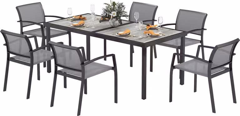 Gruppo di sedute 7 pezzi gruppo da pranzo per 6 persone tavolo da pranzo con 6 sedie impilabili, gruppo da pranzo tavolo da cucina set con struttura in acciaio mobili da balcone mobili da giardino per terrazza, balcone grigio Aosom