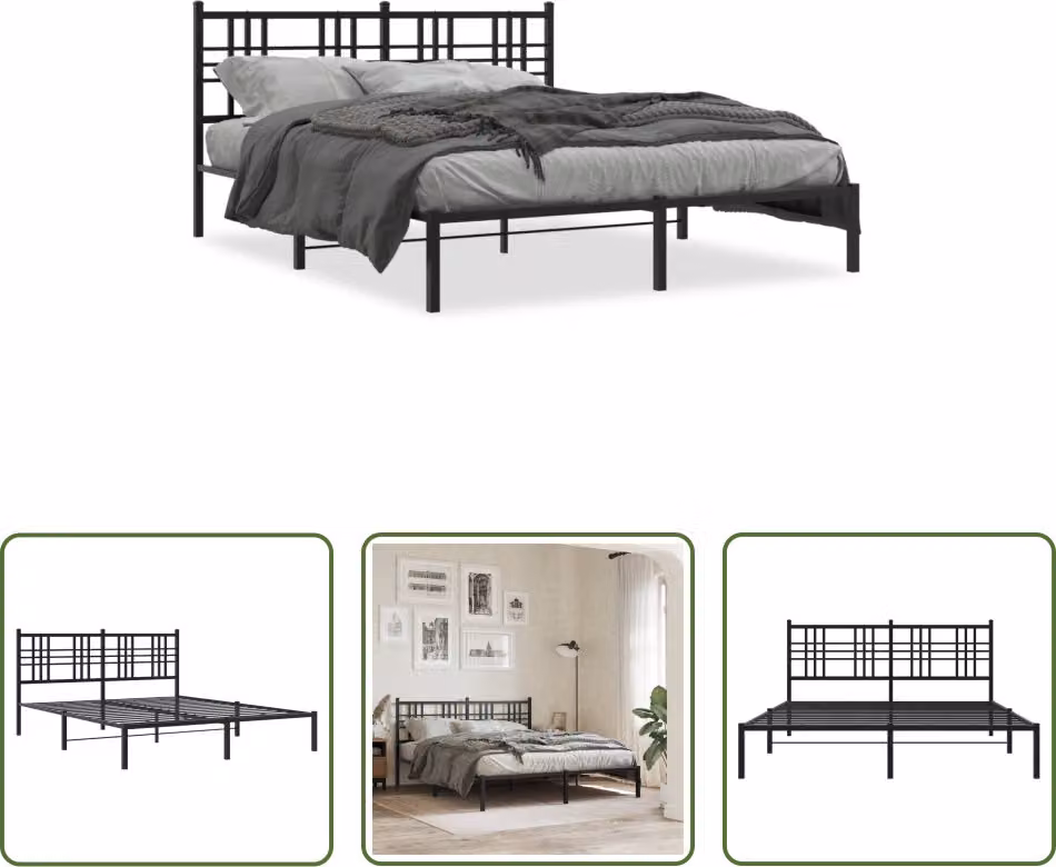 The Living Store Struttura letto con testiera in metallo nero 150x200 cm