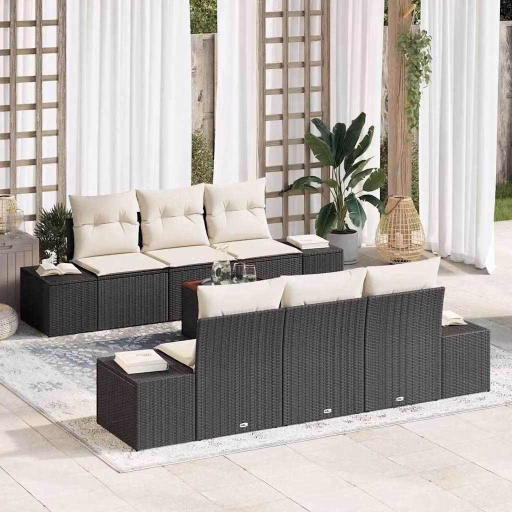 Maison Exclusive - Set da giardino composto da 7 pezzi. Divano e poltrone in rattan sintetico nero e crema