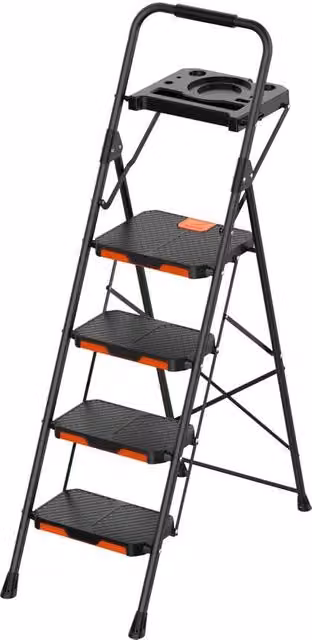 Sgabello con gradino largo e vassoio porta oggetti nero Solidstep Gierre con 4 gradini pieghevole in acciaio