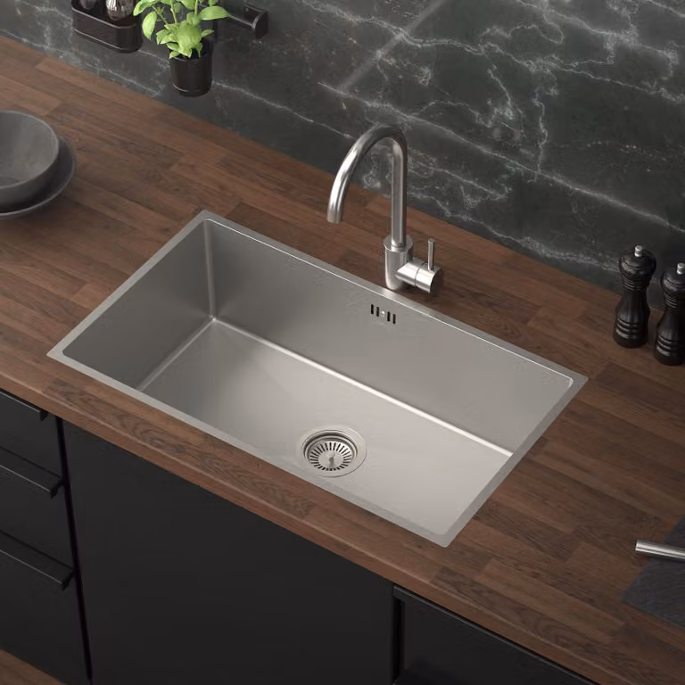 ML-Design lavello da cucina con scarico e troppopieno, argento, in acciaio inox