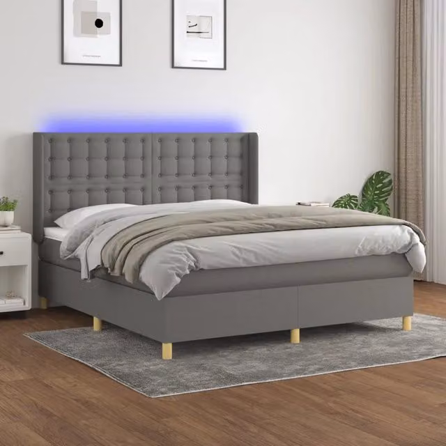Letto matrimoniale moderno vidaXL in tessuto grigio scuro con materasso ibride, illuminazione LED sottostante e porta USB, L/P/H: 160 x 200 x 31 cm – 1